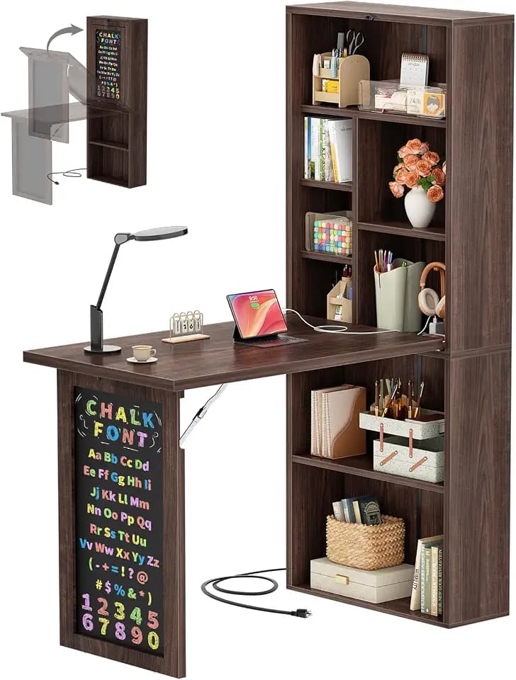 Armocity Small Folding Desk with Outlets, Fold-Out Murphy Desk Craft Table