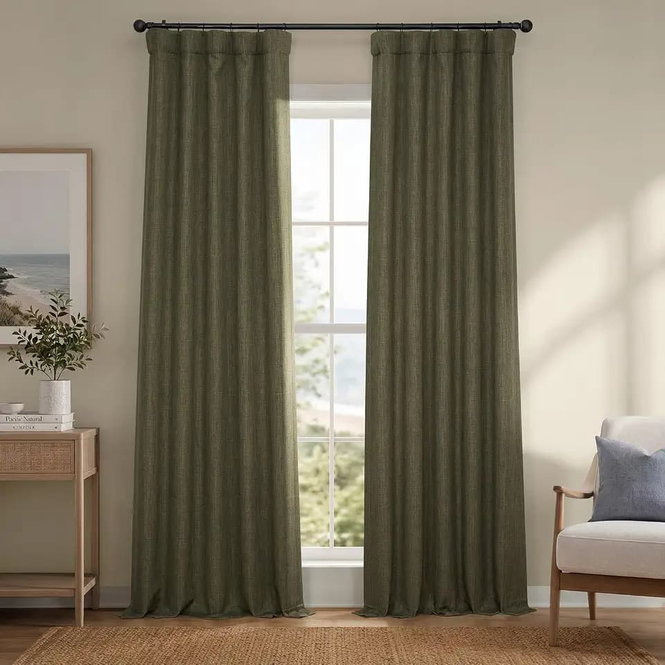 Faux Linen Curtains for Living Room (1 Panel) - 50W X 84L, Khaki Green