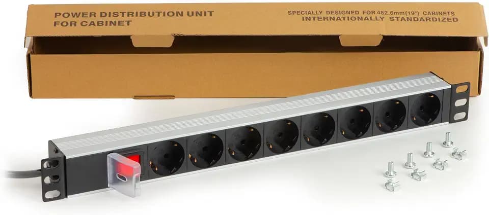 Link LKMP08S – Mehrfachsteckdose 19 Zoll (39 cm) mit 8 Schuko-Steckdosen mit Schalter Schuko-Stecker 16 A – umkehrbare Netzteile 180°