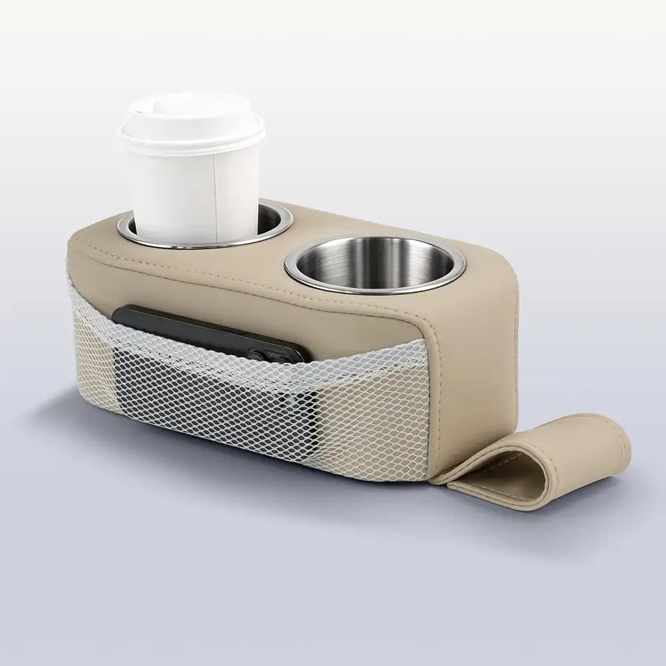 Pontoon Cup Holder Stainless Steel Double w/Side Pocket Khaki