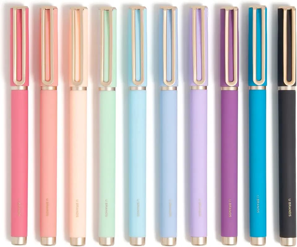 U Brands Catalina Felt Tip Pens, Set of 10, Soft Touch Barrels, Gold Details, Medium (0.7 mm) Point, Assorted Color Ink