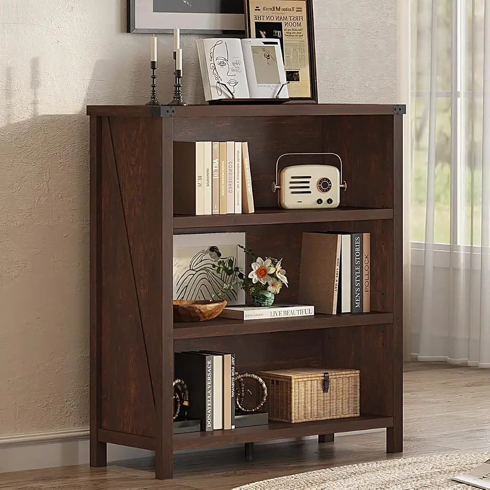 BON AUGURE Small 3 Tier Bookshelf, Short Wood Bookcase, Brown Cherry, 36"