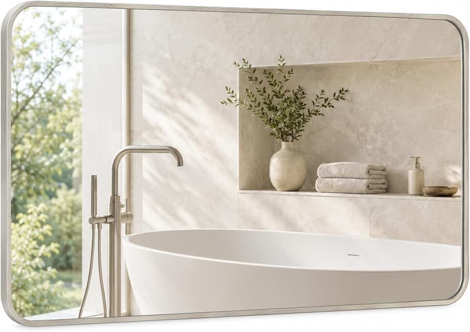 30x48 Inch Brushed Nickel Rounded Rectangle Bathroom Vanity Mirror