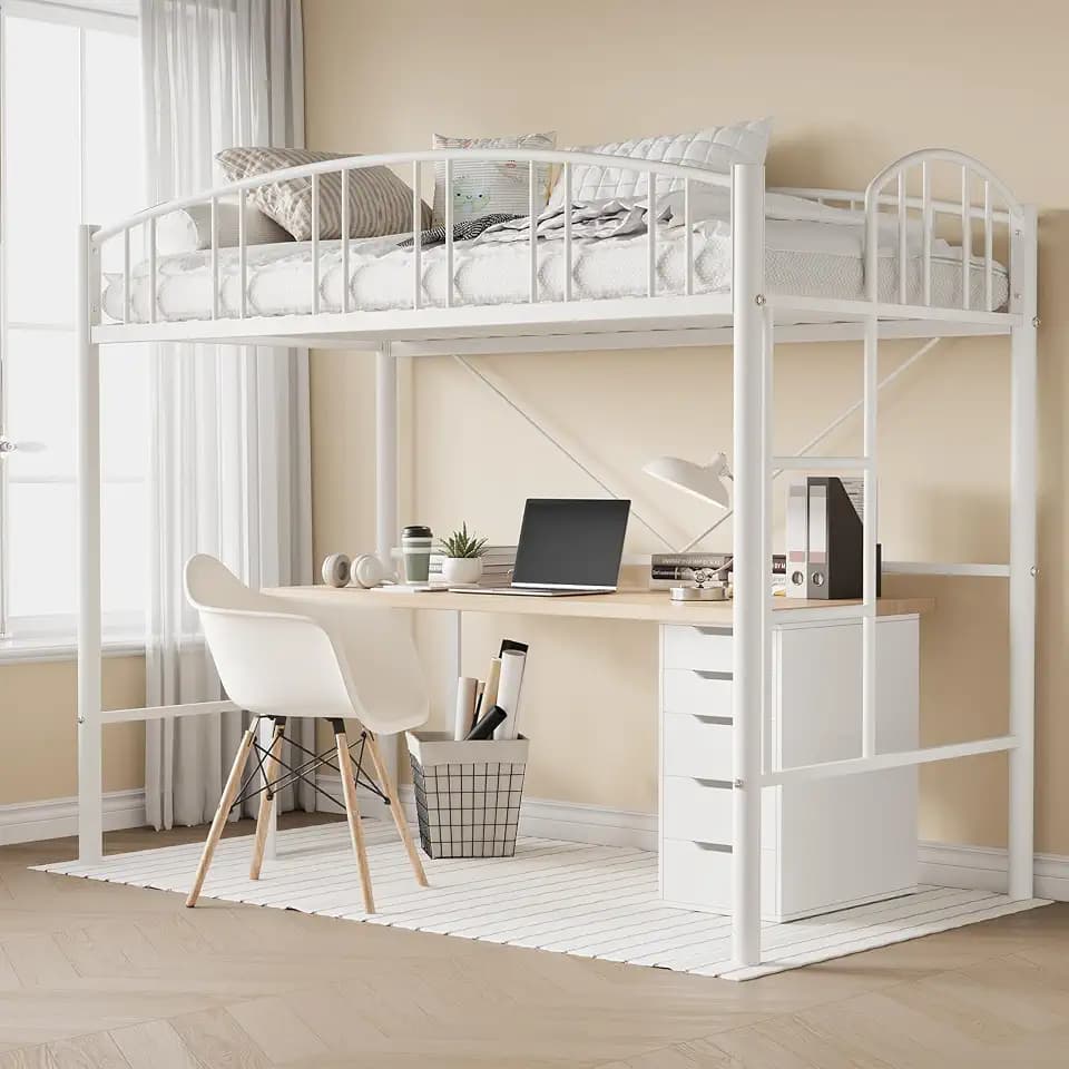 GAOMON Loft Bed Twin Size withFlat Ladder Rung, Arched Safety Guardrail, Metal Loft Bed Frame, Sturdy Steel Slats Support, Small Space Saving Design, No Box Spring Needed,for Kids Teens Adults, White