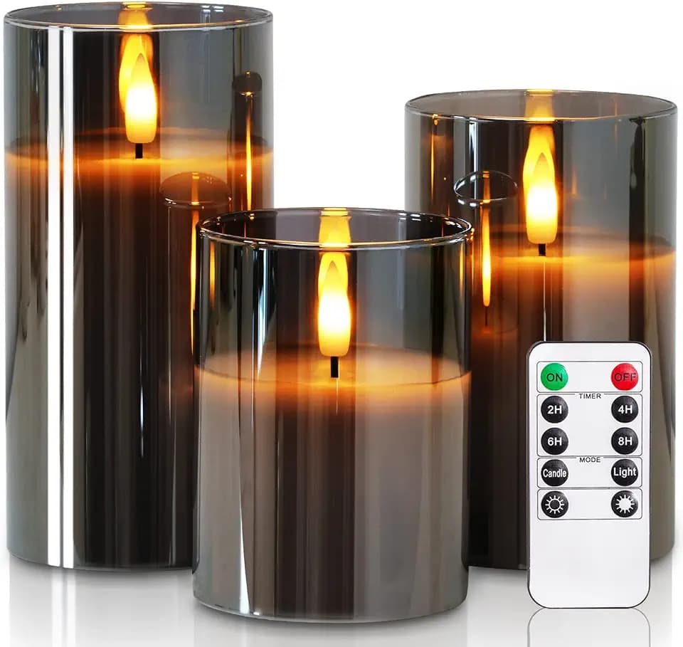 Homemory Grau Glas Flammenlose Kerzen, Batteriebetriebene LED Stumpenkerzen mit Fernbedienung und Timer, Elektrische Kerzen, Echtes Wachs, 3er-Set