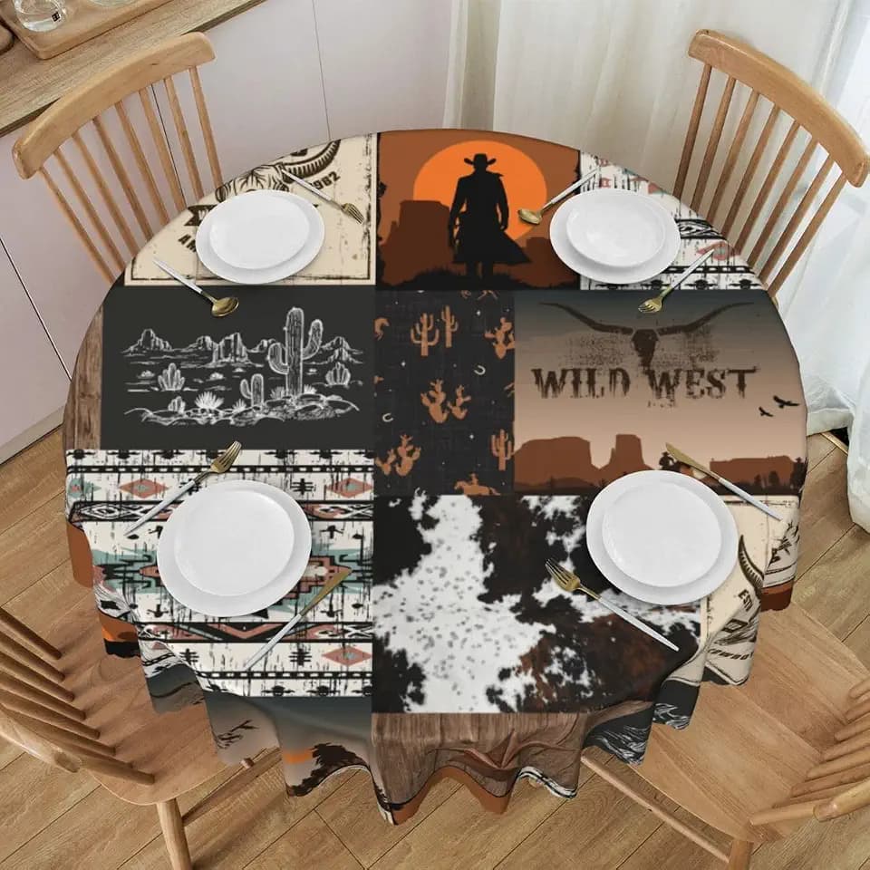 Western Tablecloth, Farmhouse Cowboy Country Style Texas Star Cowhide Southwest Cottage Rustic Water Resisitant Table Cover for Dining Kitchen Living Room Home Party Holiday Decor 36 inch Round