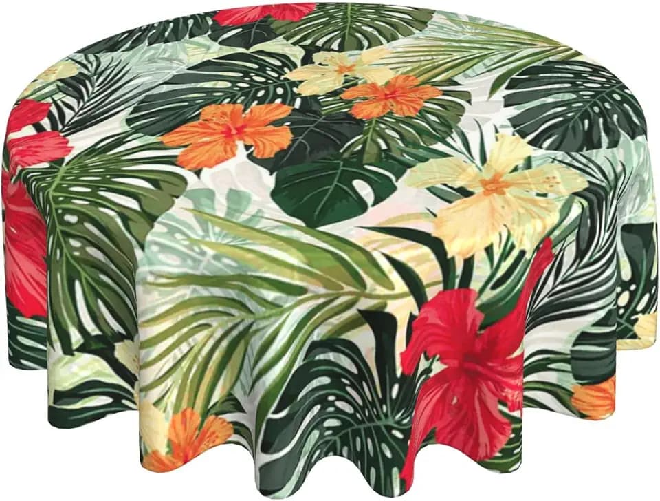 VVA Tropical Round Tablecloth Hawaiian Palm Tree Hibiscus Flowers Plants Tablecloths 50x50 Inch