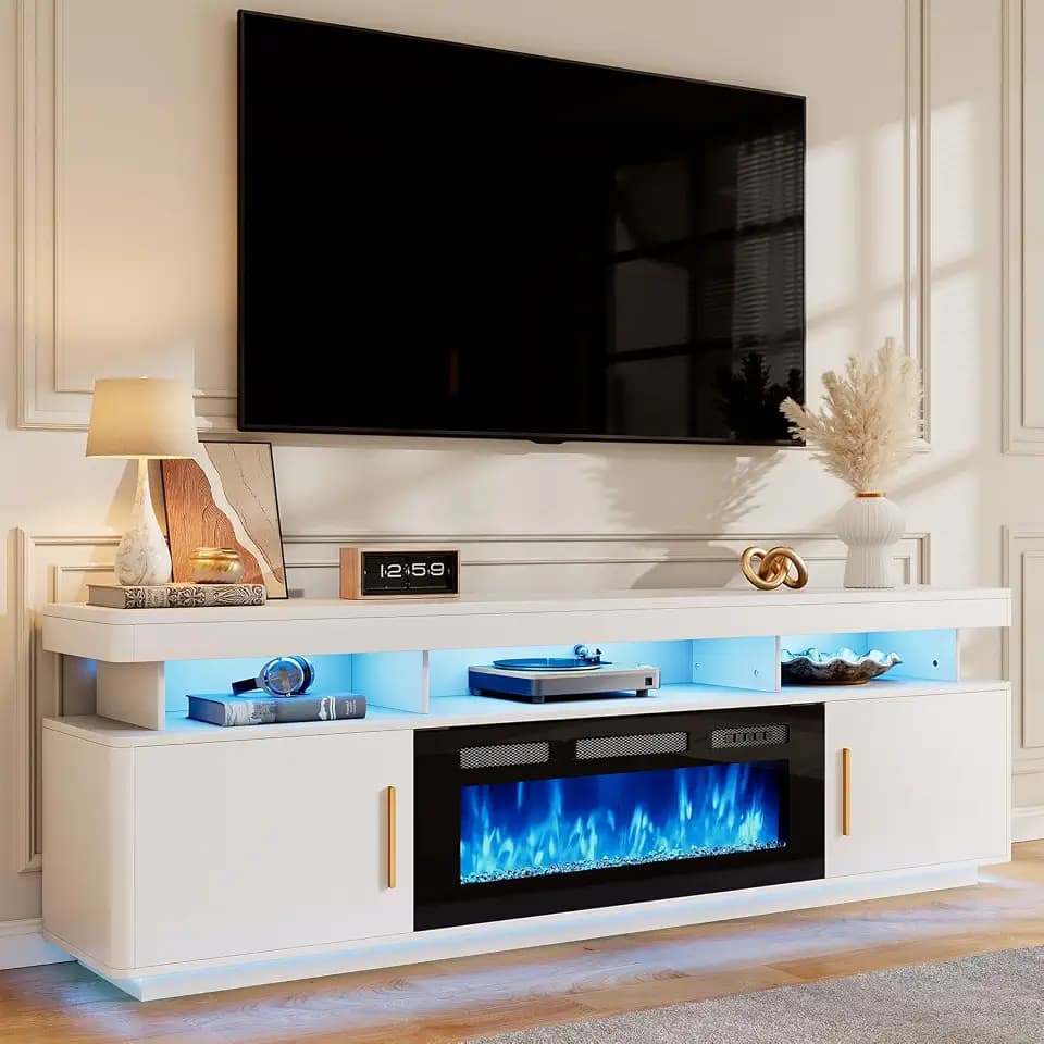 70" Fireplace TV Stand for Living Room, Modern LED Light Entertainment Center for TVs Up to 80”, TV Console with 36" Crystal Electric Fireplace & Storage Cabinets, White