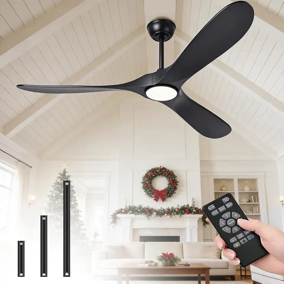 52 Inch Ceiling Fans with Lights and Remote, Wood Outdoor Ceiling Fan with 6 Speed Noiseless DC Motor, Indoor Modern 3 Blade Propeller Ceiling Fan for Bedroom Living Room Gazebo Patio (Black)