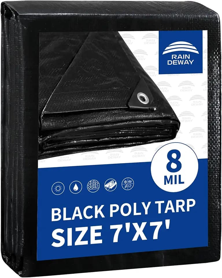 RAINDEWAY Black Tarp 7x7 Feet 8 Mil Multipurpose Waterproof Tarps