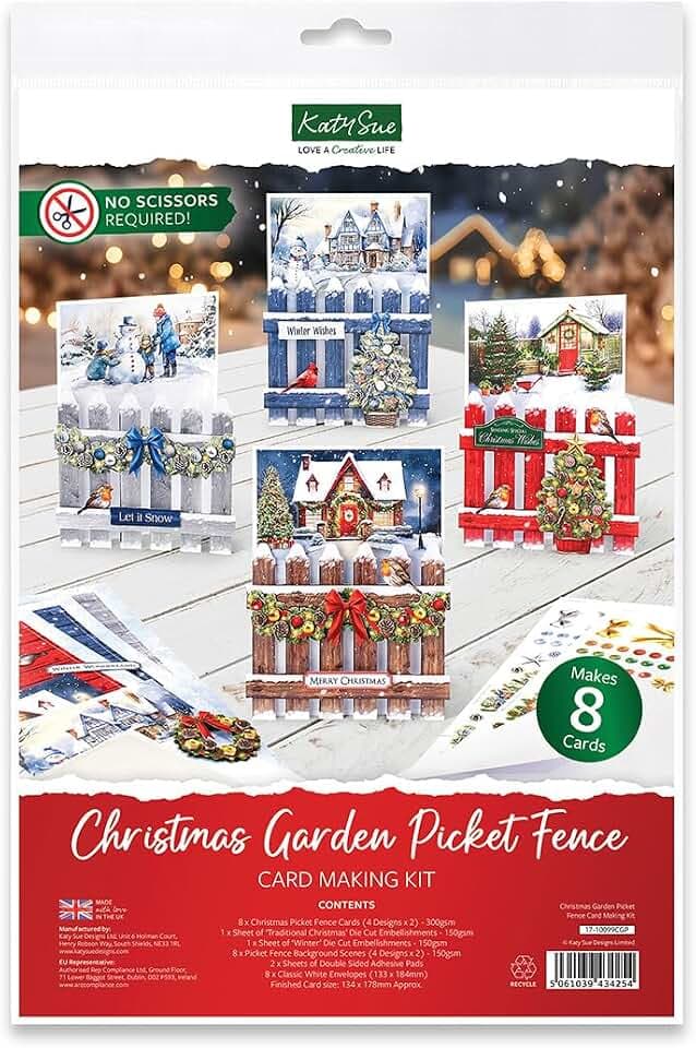 Katy Sue Christmas Garden Picket Fence Card Making Kit - 8 Shaped Cards, Die-Cut Embellishments, Background Scenes, Foam Pads, Instructions & 8 Envelopes for Christmas Card Making Supplies. UK-Made.