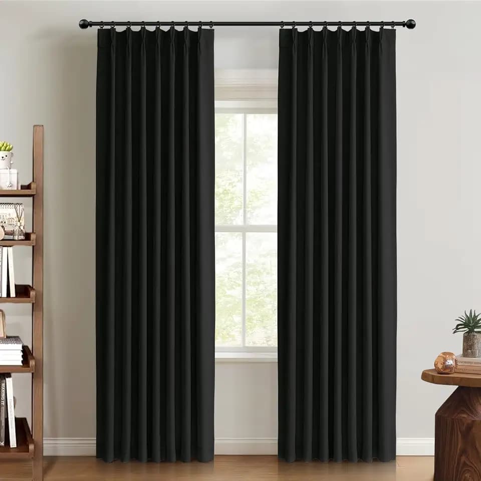Black Total Blackout Linen Pinch Pleated Curtains 96 Inches Long