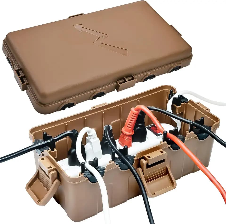 Hrensaw Medium Outdoor Electrical Box(10.6x5.5x4.5inch),IP54 Waterproof Extension Cord Cover w/6 Cable Entry,Weatherproof Connection Box Protect Power Strip,Timer,Plug,Holiday Lights,Brown