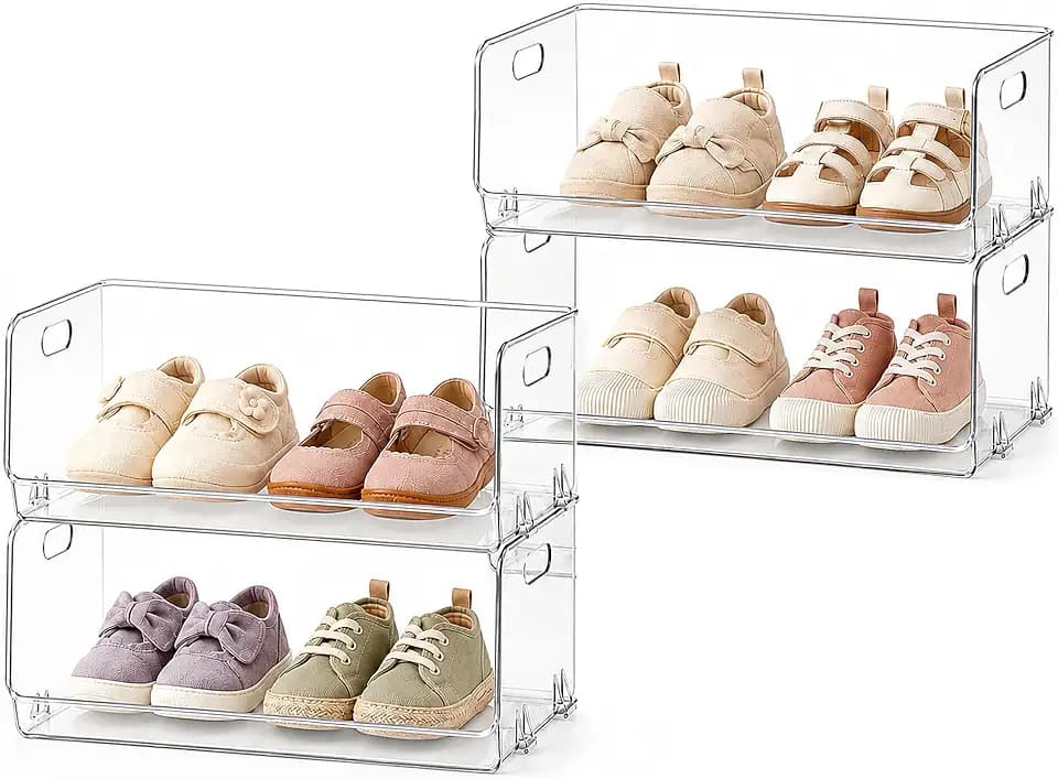 Toddler Baby Shoe Organizer: Clear Acrylic Kids Shoe Rack for Closet Nursery Bedroom Floor - 4 Tier Stackable Open Front Small Shoe Storage for Baby Toddler Shoe Size 0-10