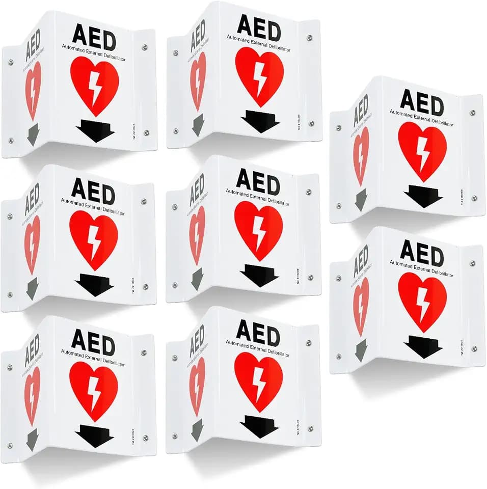 T&R AED Sign, Automated External Defibrillator with Down Arrow - 8 Pack - 8 x 6 Inches Acrylic, 4 pre-drilled holes, Includes Matching Screws, Use for Office/Business