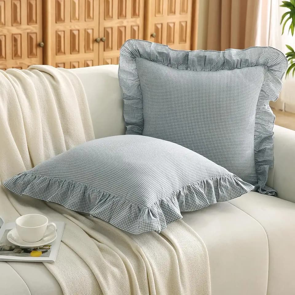 Silnuo Blue/White Plaid Gingham Ruffle Throw Pillow Covers 18"x18"