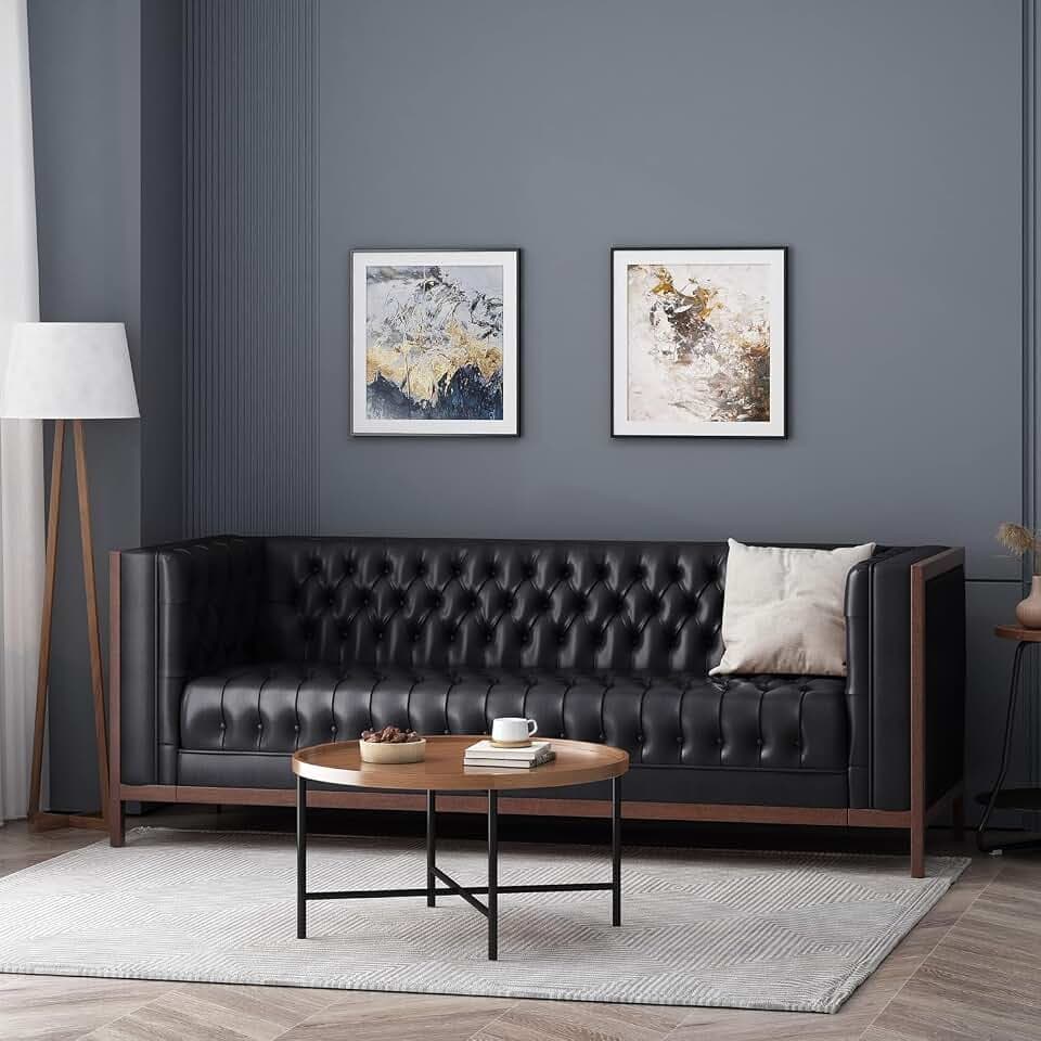 Merax Modern PU Sofa Set, Couch with Button-Tufted Diamond Stitching, Rubberwood Frame, Tuxedo Arms, Low Profile Design Mid-Century Modern Style, Black