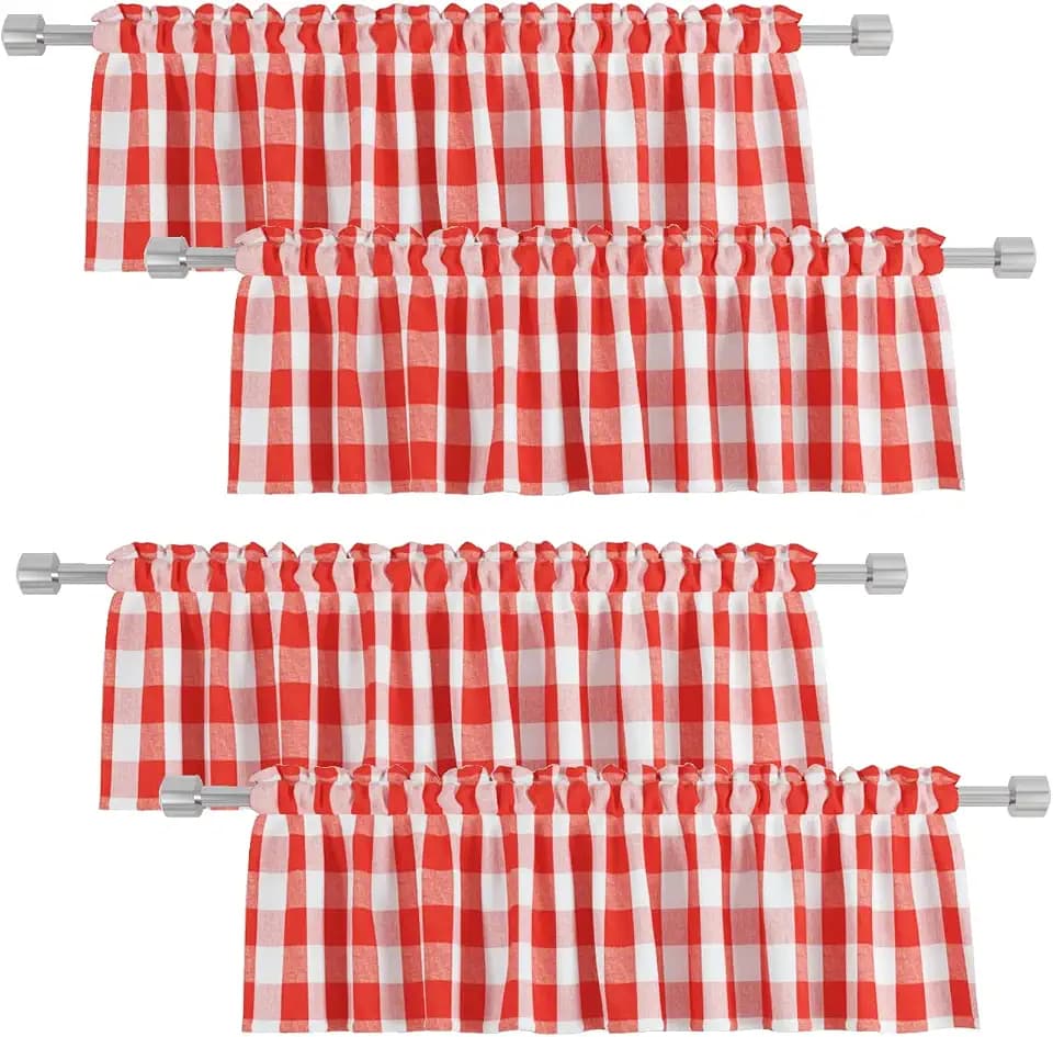 4 Pieces Buffalo Check Valances for Windows Living Room 18 inches Long Classic Gingham Plaid Bedroom Bathroom Rod Pocket Country Farmhouse Kitchen Window Curtain Valances - 54"x18" Red & White