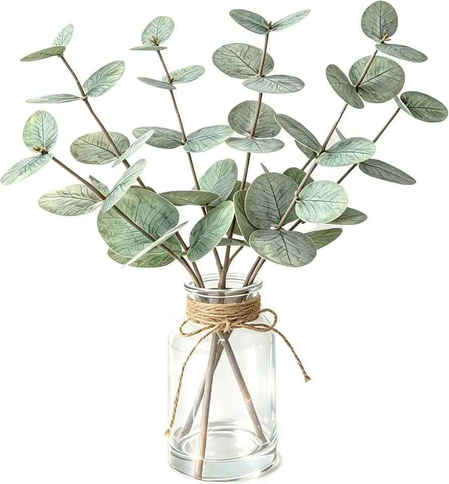 Artificial Eucalyptus Stems in Glass Vase with Faux Water,13.5" Fake Plants for Bathroom Shelf Decor, Farmhouse Centerpieces for Tables, Small Desk Plants for Home Office Decor (Green)