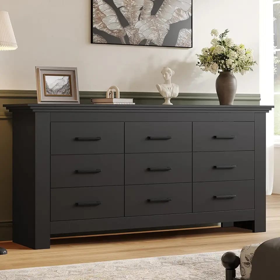 9 Drawer Dresser for Bedroom, Wood Dresser Chests of Drawers with Metal Handle, Triple Wide Dressers, Vintage Design Storage Chest Cabinet and Organizer Drawers for Closet, Hallway, Entryway, Black