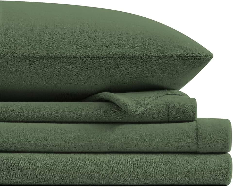Petrichor Flannel Fleece King Size Sheet Set Green–Ultra Soft Anti-Static Plush Bedding,4 Piece(1 Fitted Sheet80×78"×16",1 Flat Sheet102×108",2 Pillowcases40×20")