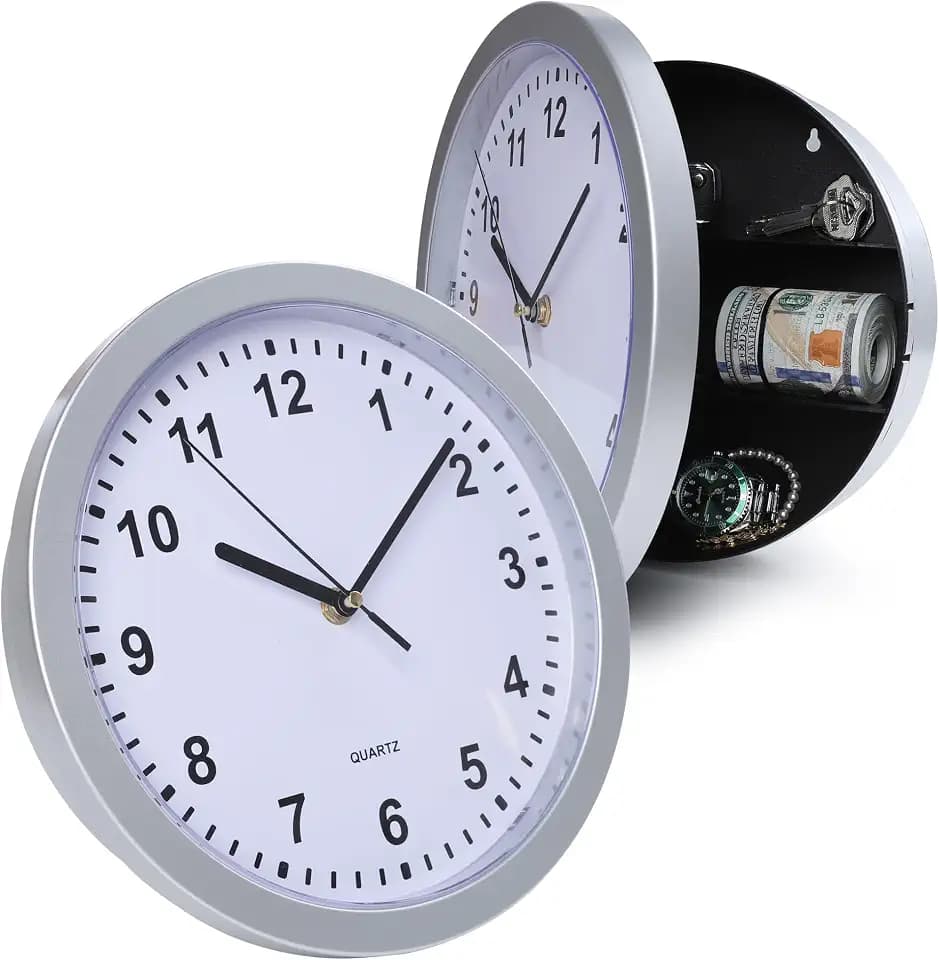 Hidden Safe Wall Clock, Valuables Diversion Safe, 10 inch Plastic Clock Secret Safe for Room, Hidden Compartment Container Box, Key Hider Storage - Silver