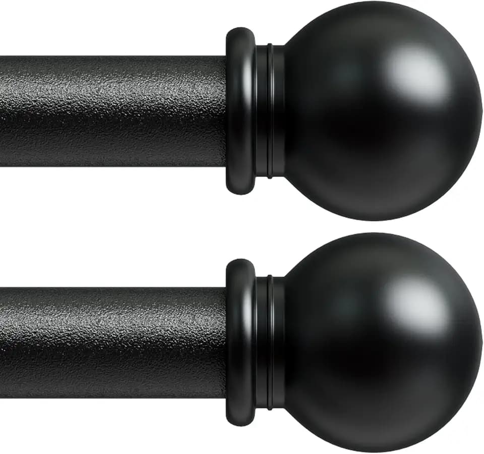 Curtain Rods for Windows 28-62 inch, Black Curtain Rods 2 Pack with Brackets, Adjustable 5/8 inch Curtain Rod Set of 2 with Decorative Finials for Bedroom, Living Room, Easy Install