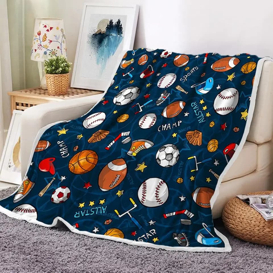 Sports Fan Fleece Throw Blanket for Men, Women & Kids - Basketball, Baseball, Football, Soccer - Cool Blue 60x90 Inch