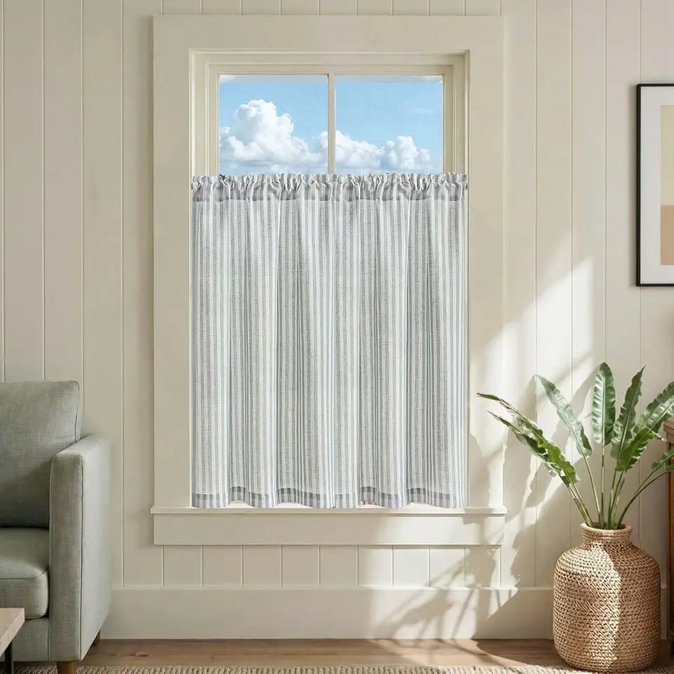 jinchan Striped Linen Kitchen Tier Curtains, 36 Inch, Aqua Blue, 2 Panels