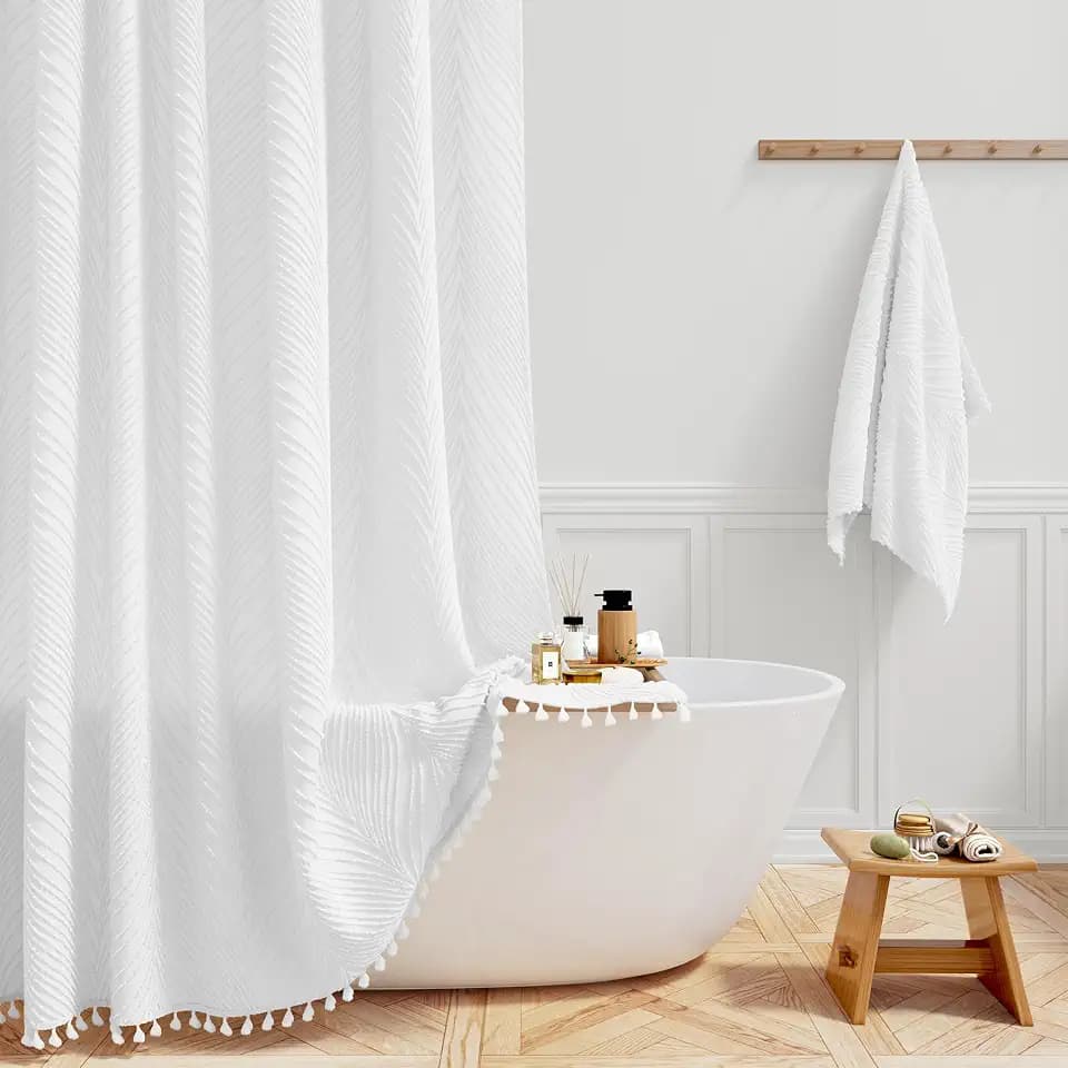 BTTN White Boho Tufted Leaves Textured Striped Tassel Shower Curtain, 72x96