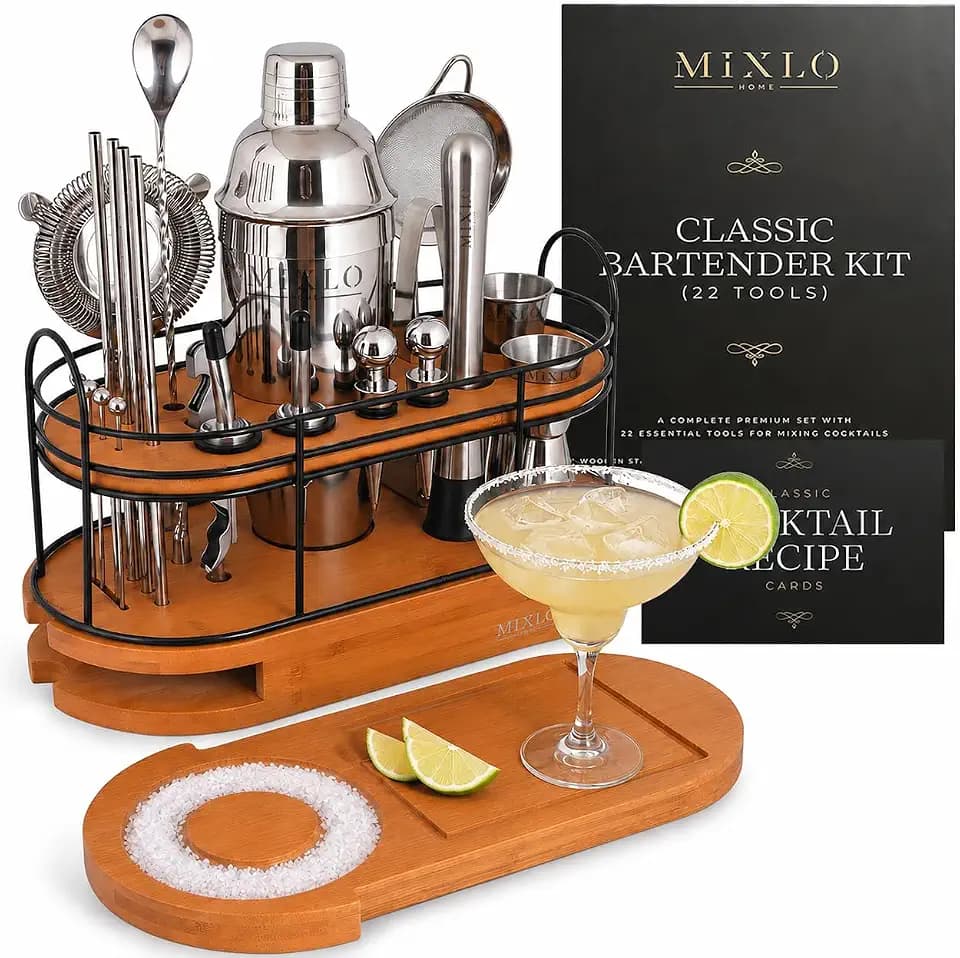 Mixology Bartender Kit - 22Pcs Bar Set Cocktail Shaker Set w Brown Bar Cart Accessories Stand - Shakers Bartending Silver Tools, 24oz Shaker, 17 Recipe Cards, Martini Barware