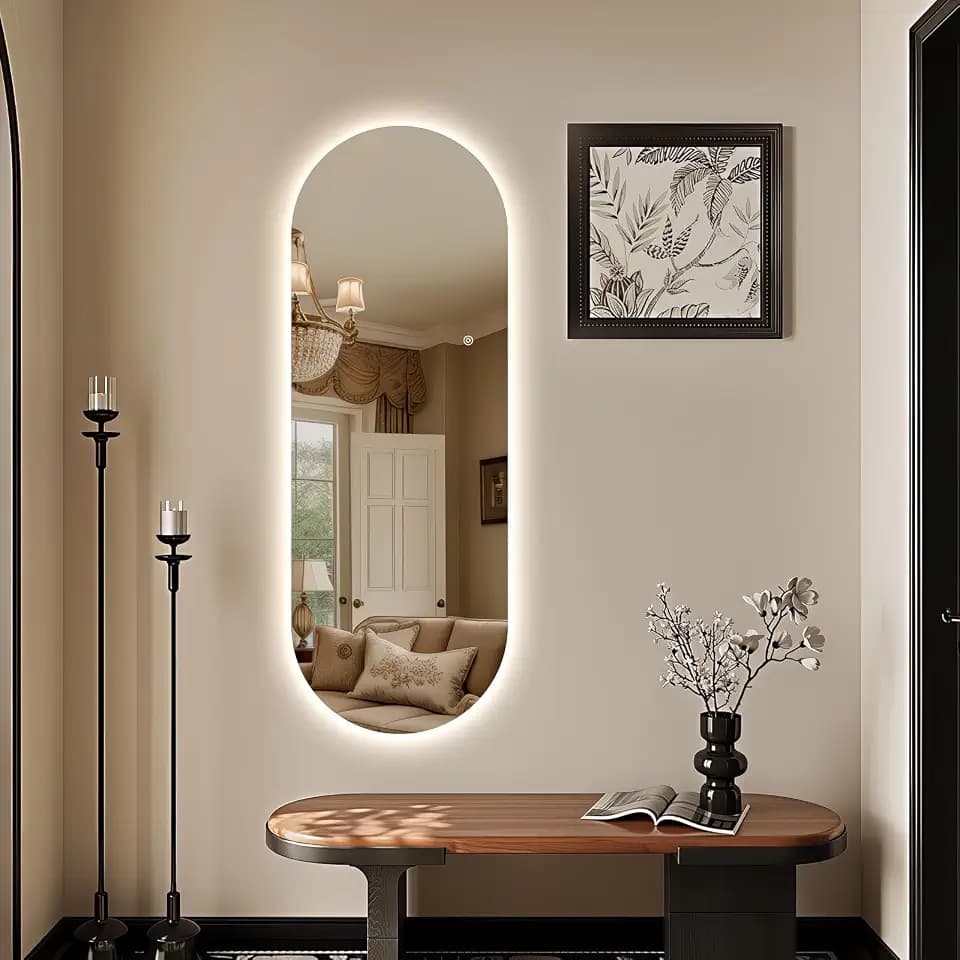 Oval LED Full Length Mirror with Lights, 48"×16" Frameless Backlit Long Mirror Full Body Wall Mounted, 3 Colors, Dimmable, Shatter-Proof, Smart Deco for Salon/Bedroom/Living Room