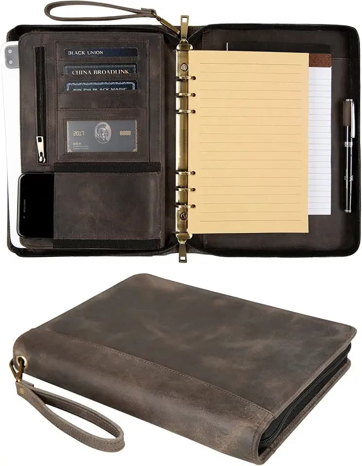 A5 Genuine Leather Portfolio Notebook Binder - 6 Ring Refillable Planner With Pockets (Standard, Grey)