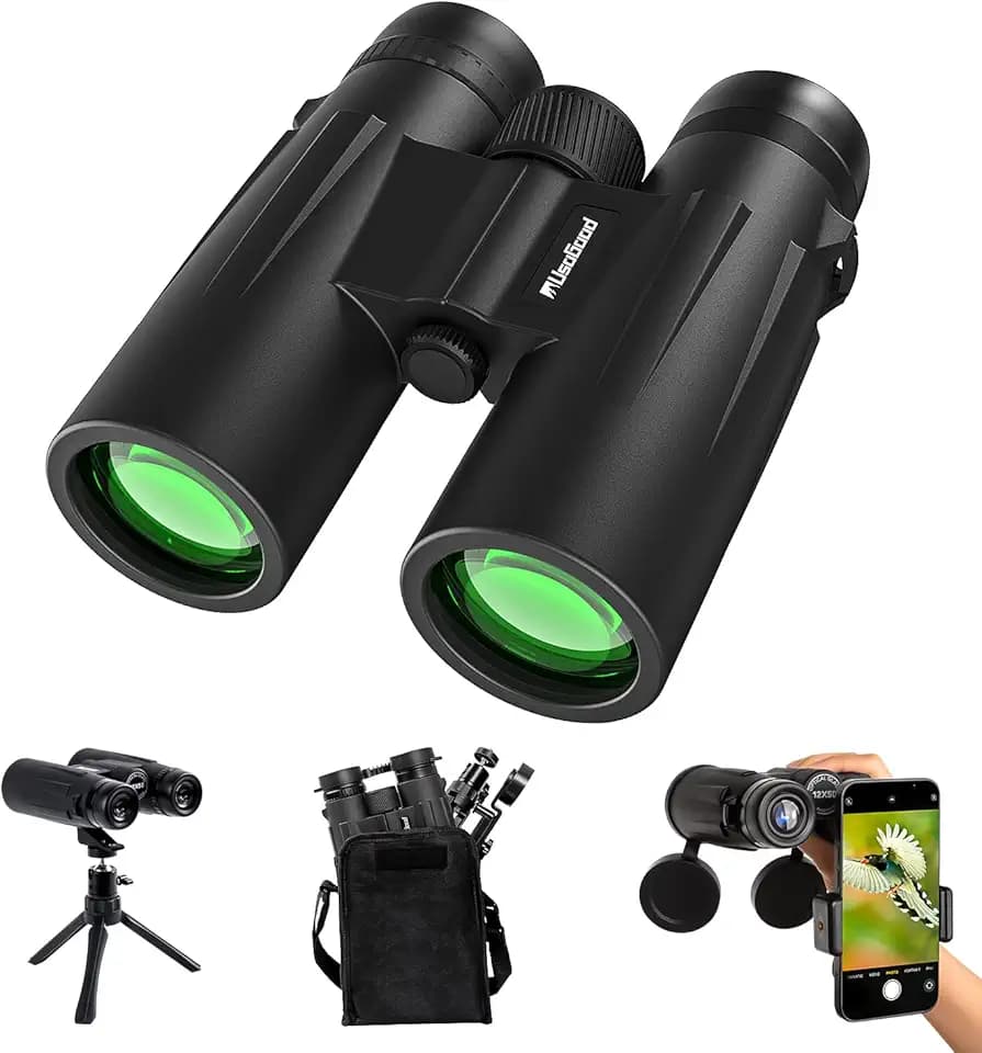 Usogood 12 x 50 Fernglas für Erwachsene mit Stativ, wasserdichtes Kompaktfernglas für Vogelbeobachtung, Wandern, Reisen, Jagen und Sportveranstaltungen, Smartphone-Adapter für Fotografie
