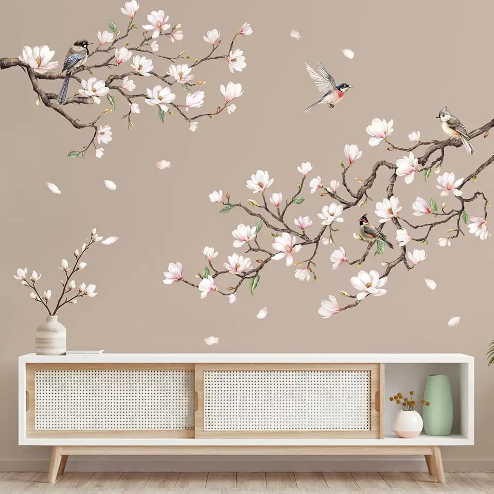 Tanlaby White Pink Magnolia Tree Wall Decals Trees Flowers Wall Stickers