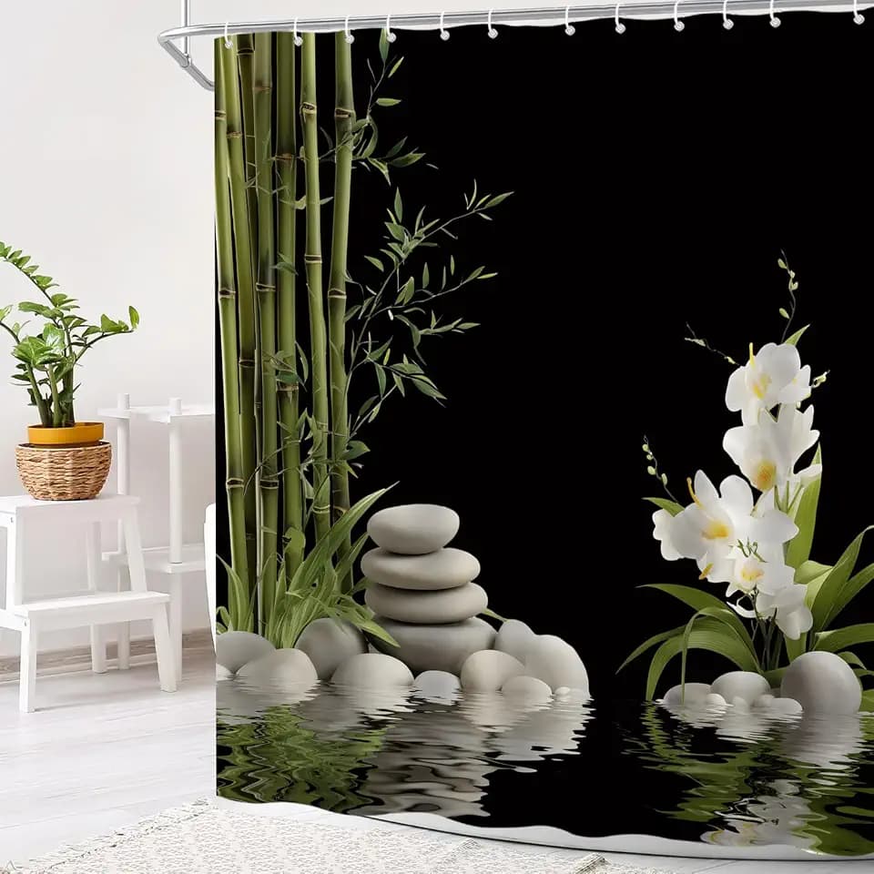 Bamboo Shower Curtain Green Stone Meditation Garden White Lotus Flower Lily Floral Green Leaves Relax Nature Fabric Bath Curtain with Hook
