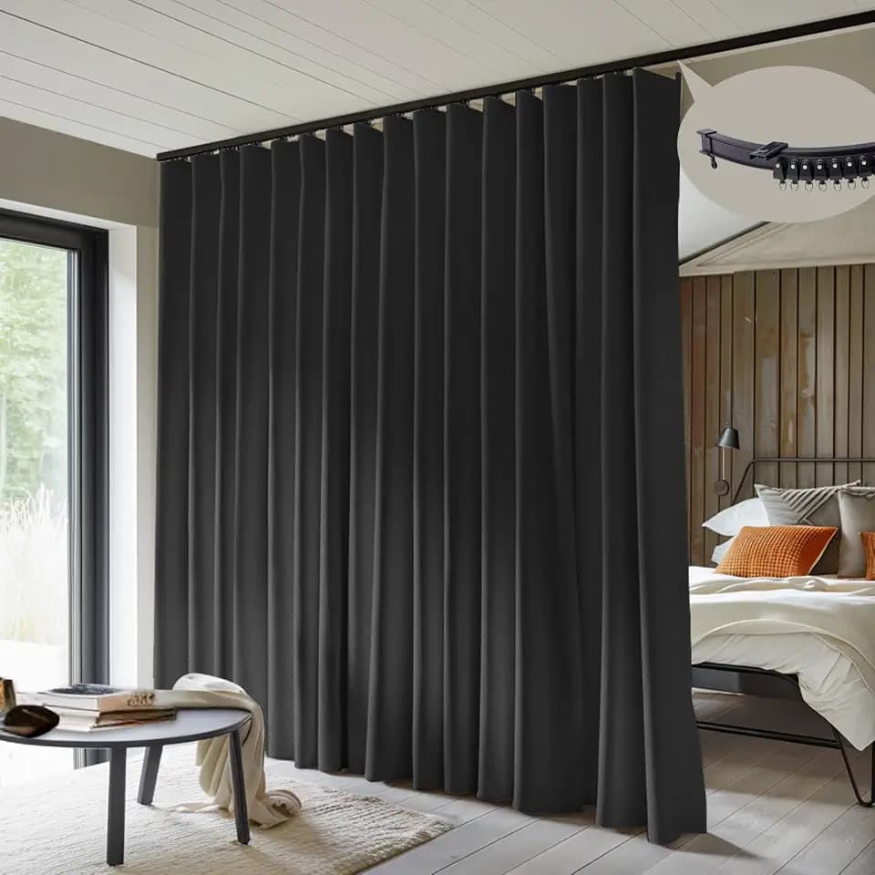 MaKefeile Room Divider Curtains with Flexible Ceiling Curtain Tracks Set,100% Blackout Floor to Ceiling Curtains Patio Sliding Door Curtains (Black Drape & Black Rail W 8.3 × H 7 FT)