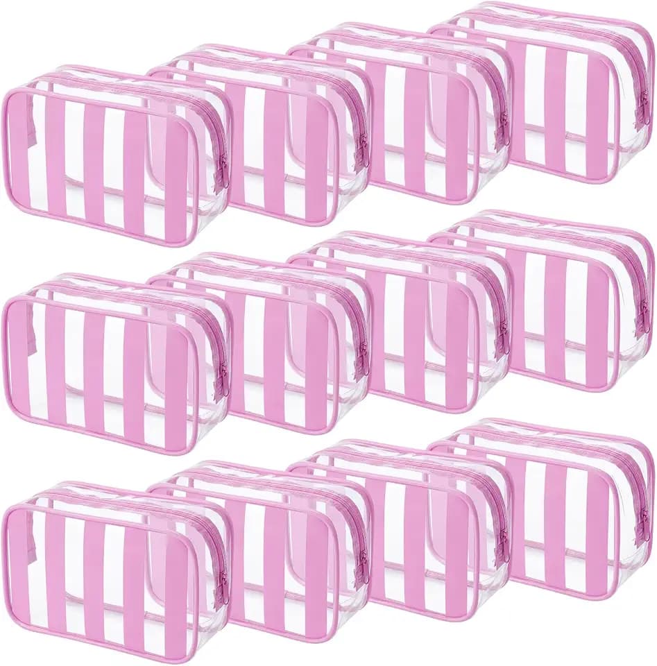 Kacctyen 12 Pcs PVC Striped Makeup Bag Bulk Waterproof Cosmetic Bags, Pink