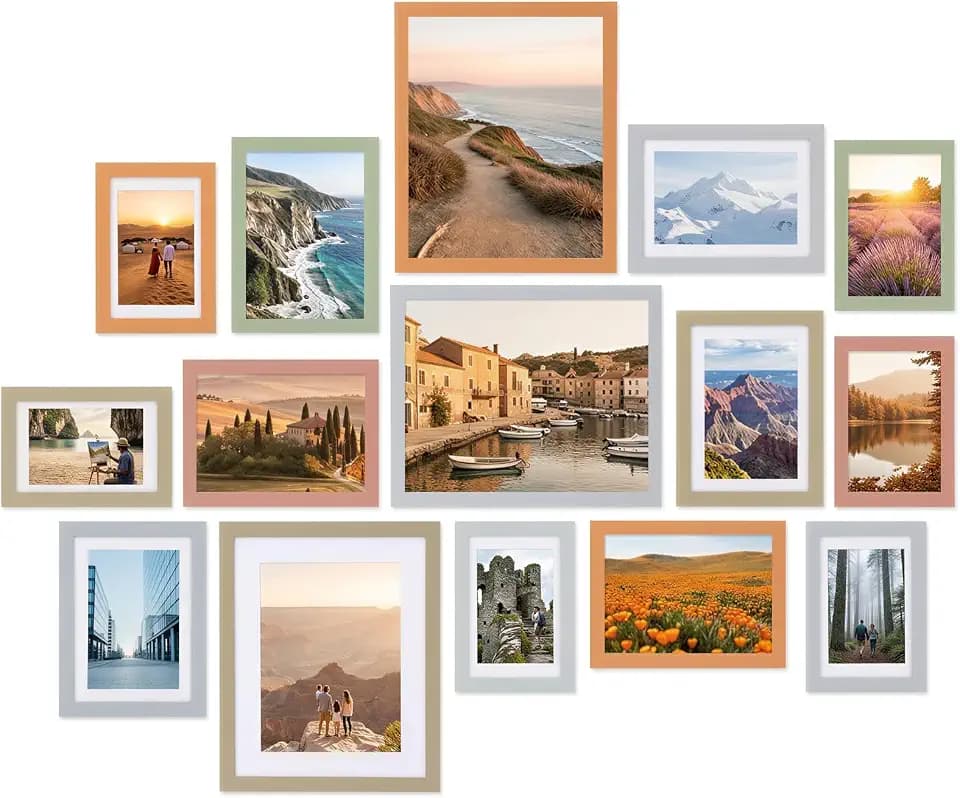 Fixwal Picture Frames Set, 15 Pack, MDF, Soft Earth Tones, 8x10, 5x7, 4x6