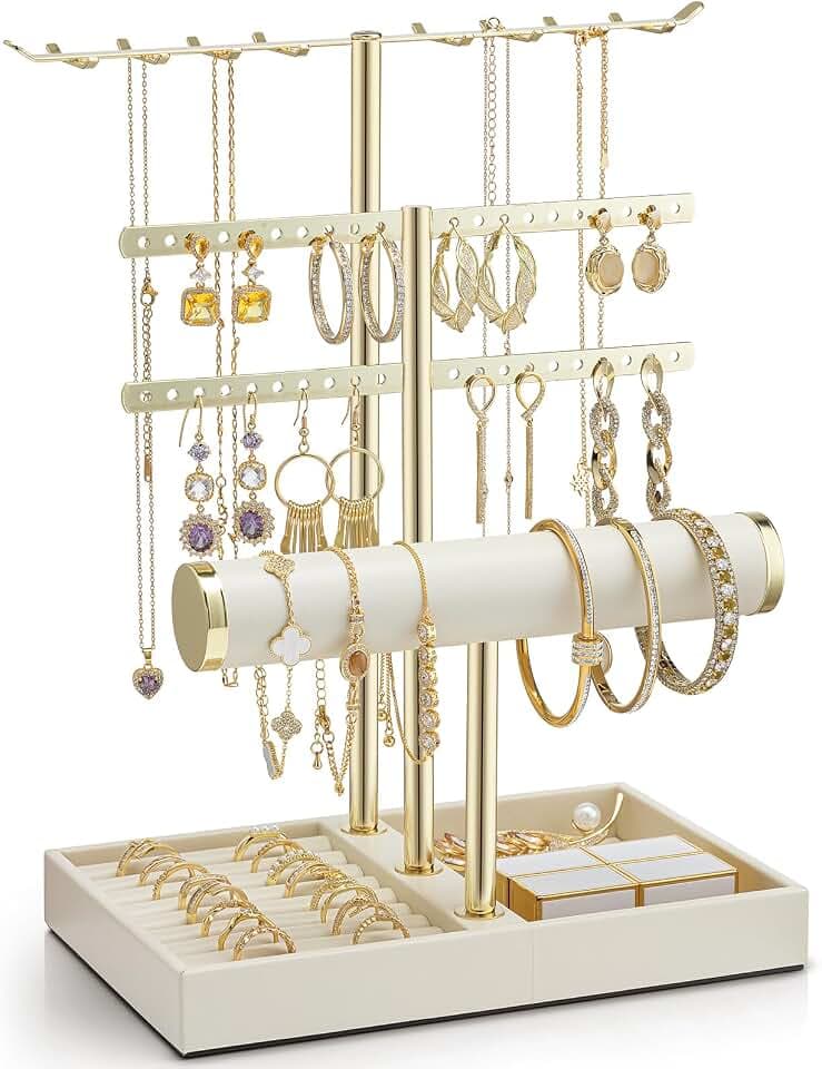 VLANDO 3 Tier Jewelry Stand Organizer with Tary, Leather Jewelry Holder Display for Women, Gold Jewlery Holder Display for Necklace, Earring, Bracelet, Rings - Cloud White