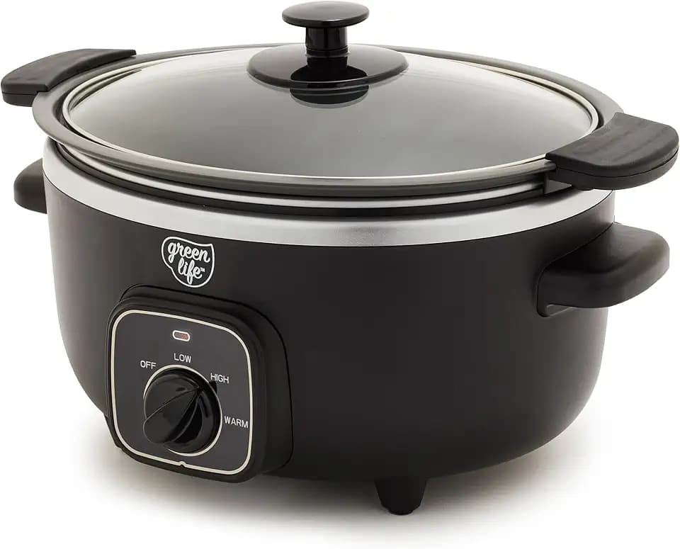 GreenLife 3.5QT Ceramic Nonstick Slow Cooker, Cooktop/Oven Safe, Black