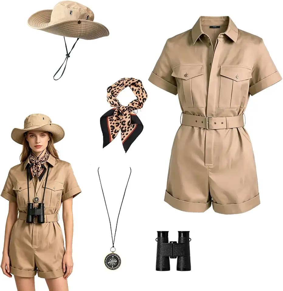 YLYGJGL 5PCS Womens Safari Costume with Sun Hat, Leopard Scarf, Compass Necklace & Binoculars for Zoo Keeper Cosplay