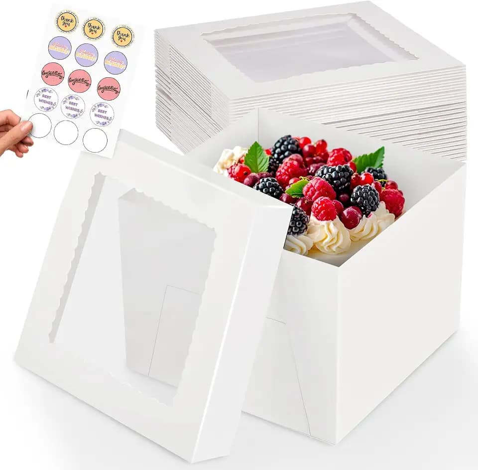 RICCLE 15pcs Cake Boxes, 12x12x8 Inches Tall Cake Box with Window, Large White Bakery Boxes, Baking Boxes, Square Cardboard Cake Box for Multi-Layer Cakes, Cake Decorating Supplies