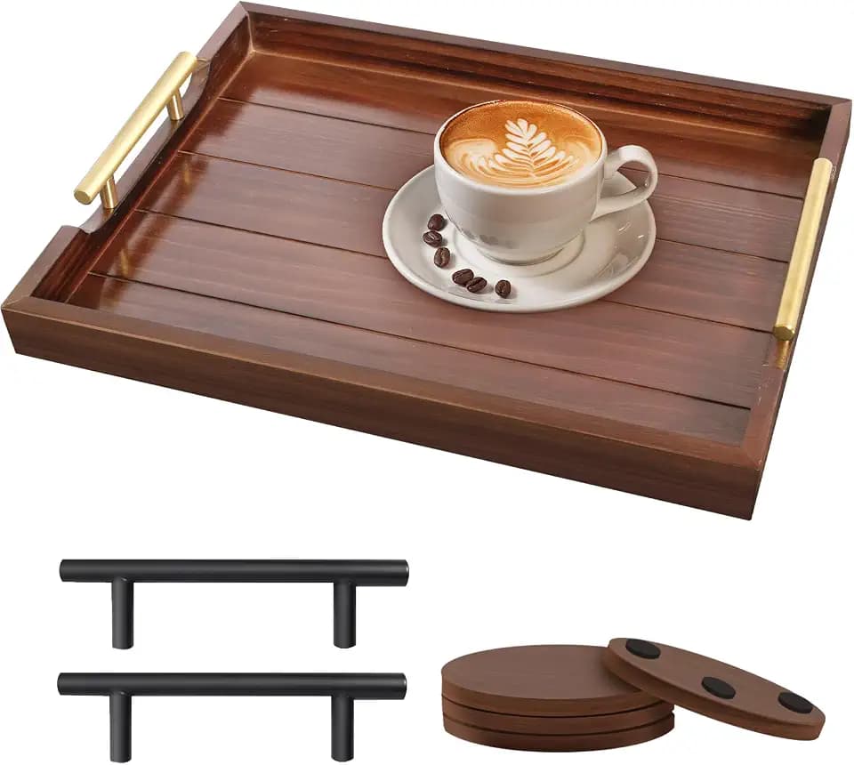 SXNOWS Large Wooden Serving Tray with 2 Sets of Handles,Dark Brown