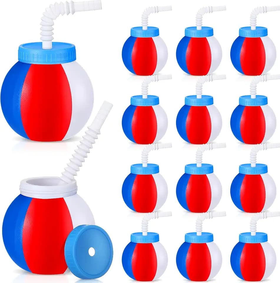 Skyley 12 Pcs 14 oz Summer Beach Ball Cups with Straws and Lids Plastic Sipper Reusable Summer Pool Drinking Cups for Birthday Beach Birthday Theme Party Supplies