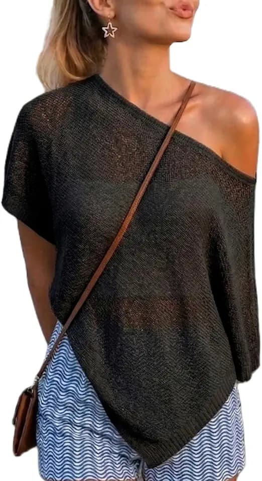 Women Knit Sheer Poncho Off the Shoulder Shawl Beach Cover up Shrug Top