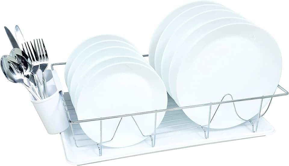 Kitchen Details 3 Piece Chrome Dish Rack with Tray White | Plates | Cups | Spoons | Knifes | Forks | Water Drain | Style | Home | Apartement | Dorm | Compartments |