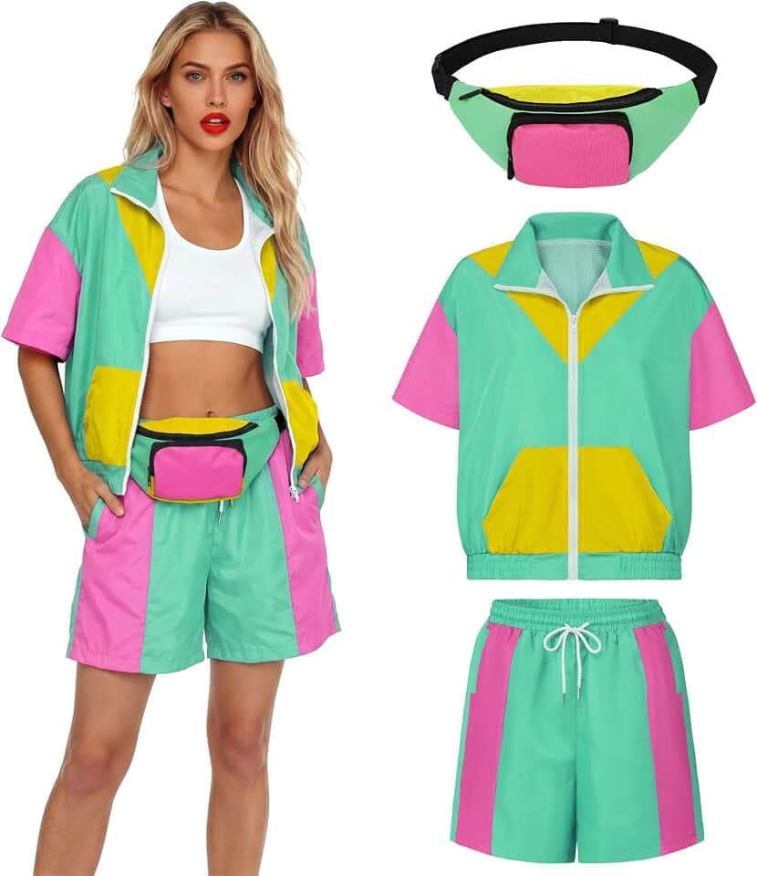 SOMSOC 3 Pieces 80s Tracksuit for Women Windbreaker Short Set with Fanny Pack Color Block Outfits for 80's 90's Party Costume