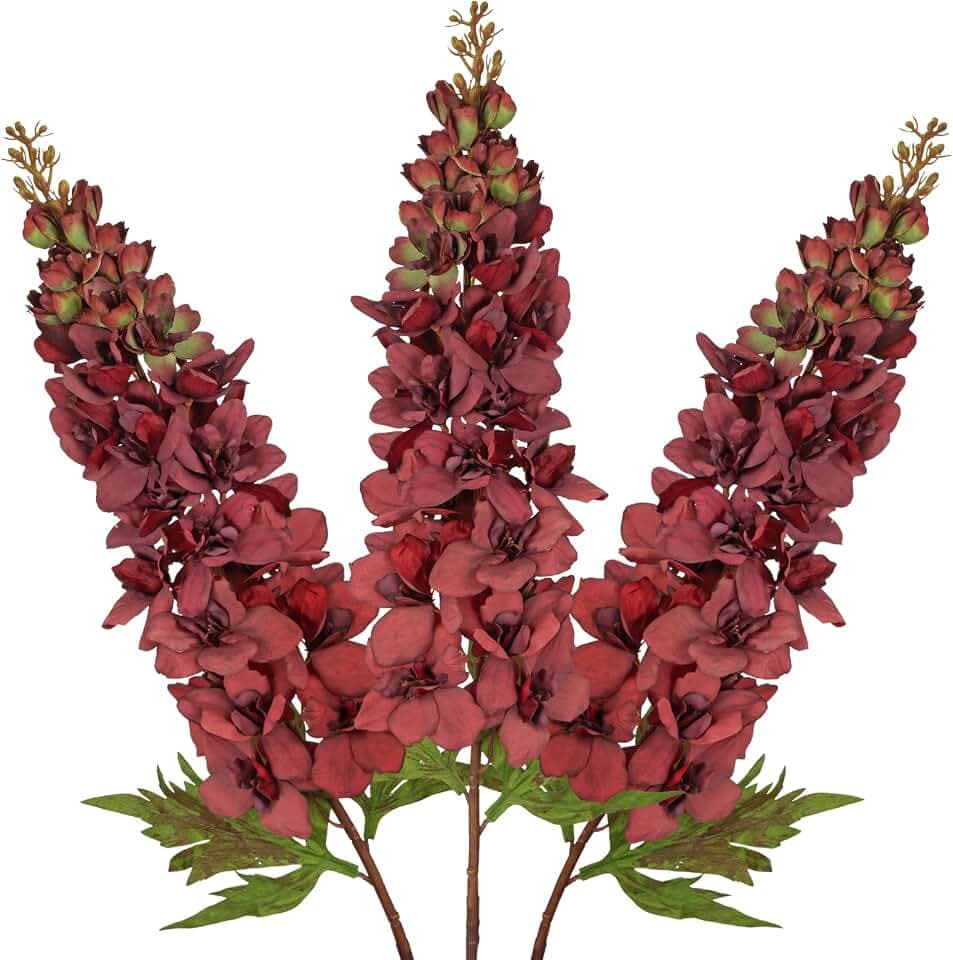 Briful 3PACK Artificial Delphinium Flowers – 36.2in Tall Faux Larkspur Silk Floral Stems Burgundy Fake Delphinium Flower for Indoor Home Decor Vase Arrangements