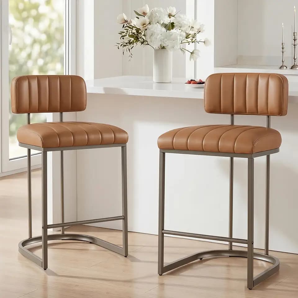 KISLOT 26" Counter Height Bar Stools Set of 2, Modern Fuax Leather Upholstered Kitchen Island Chairs with Back, Antique Bronze Metal Legs, Brown